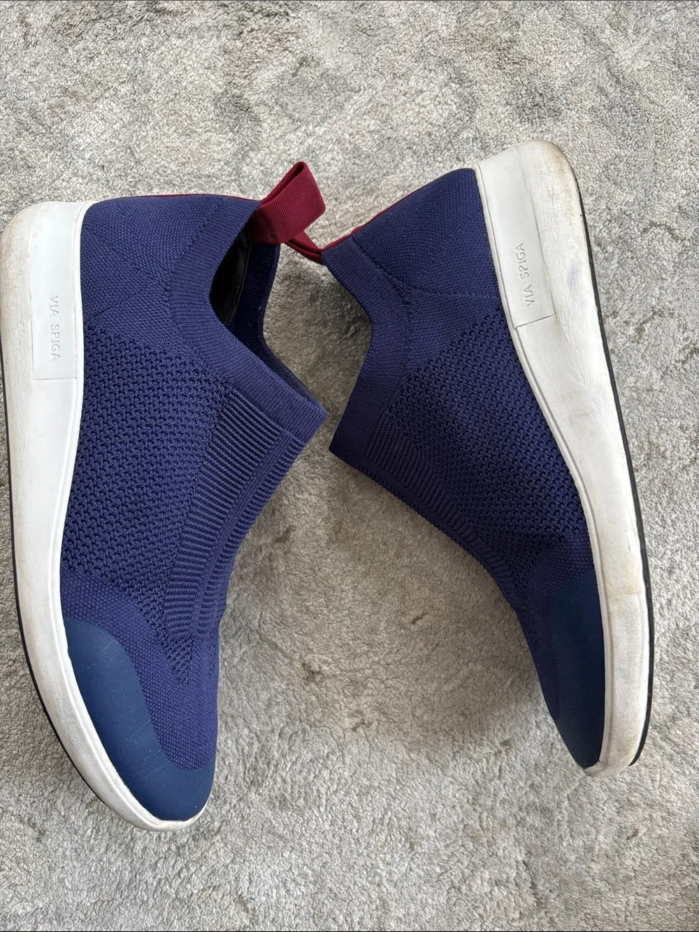 Via Spiga Slip-On Knit Sneakers in Navy with Maroon Pull Tab